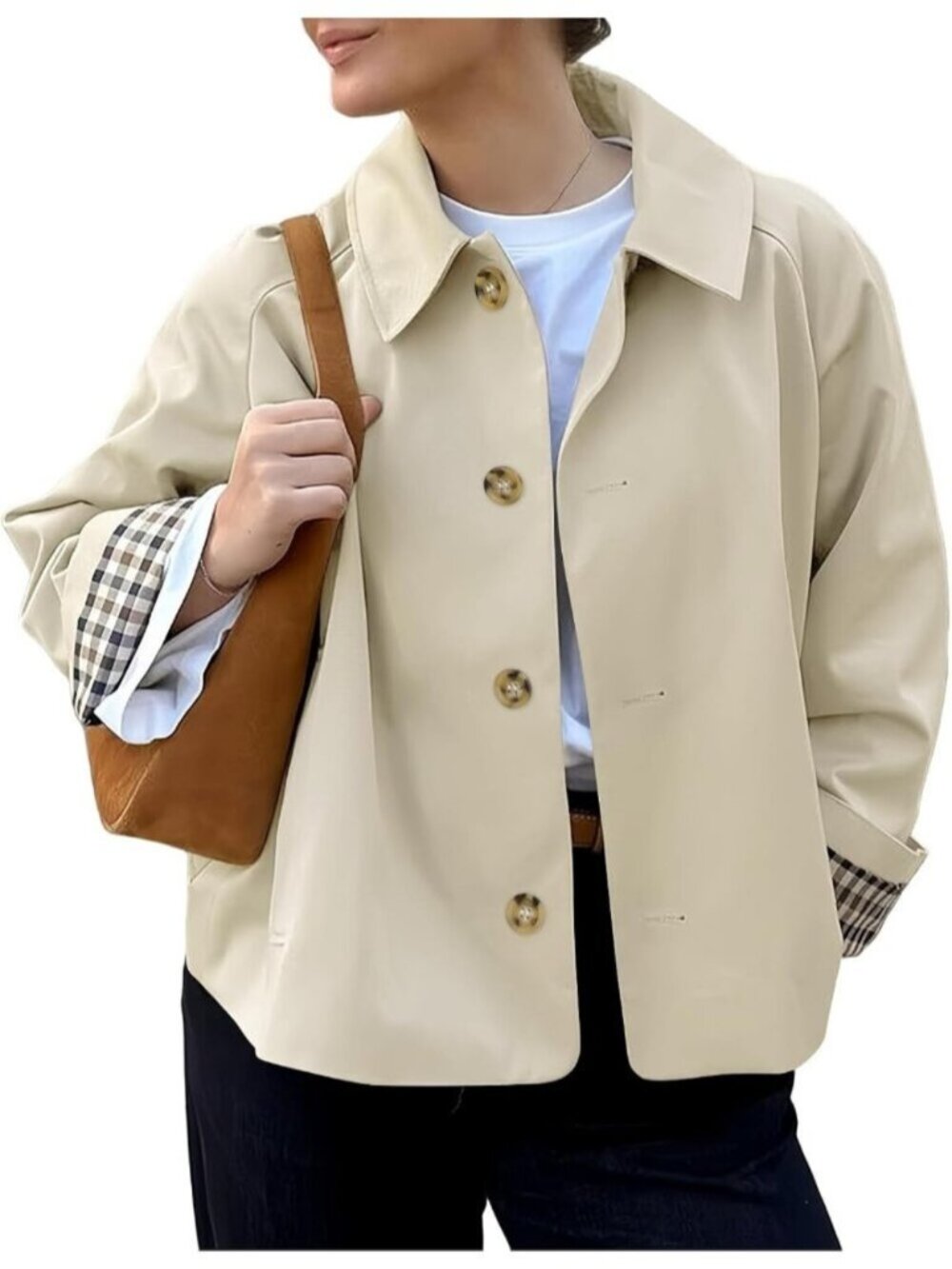 Women Beige Cropped Single Breasted Button Front Plaid Cuff Lining Trench Coat